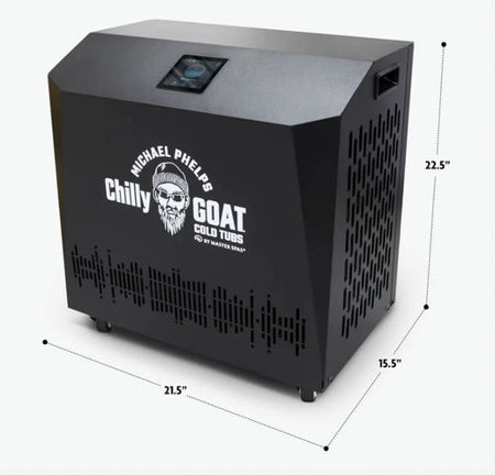 Black heat pump box with Michael Phelps Chilly Goat logo and dimensions on a white background.