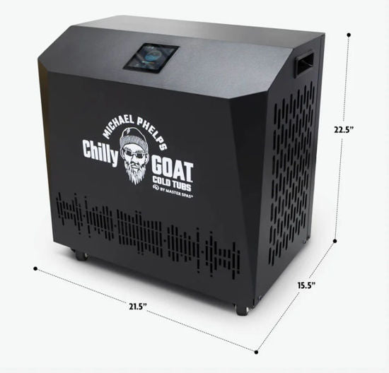 Black heat pump box with Michael Phelps Chilly Goat logo and dimensions on a white background.