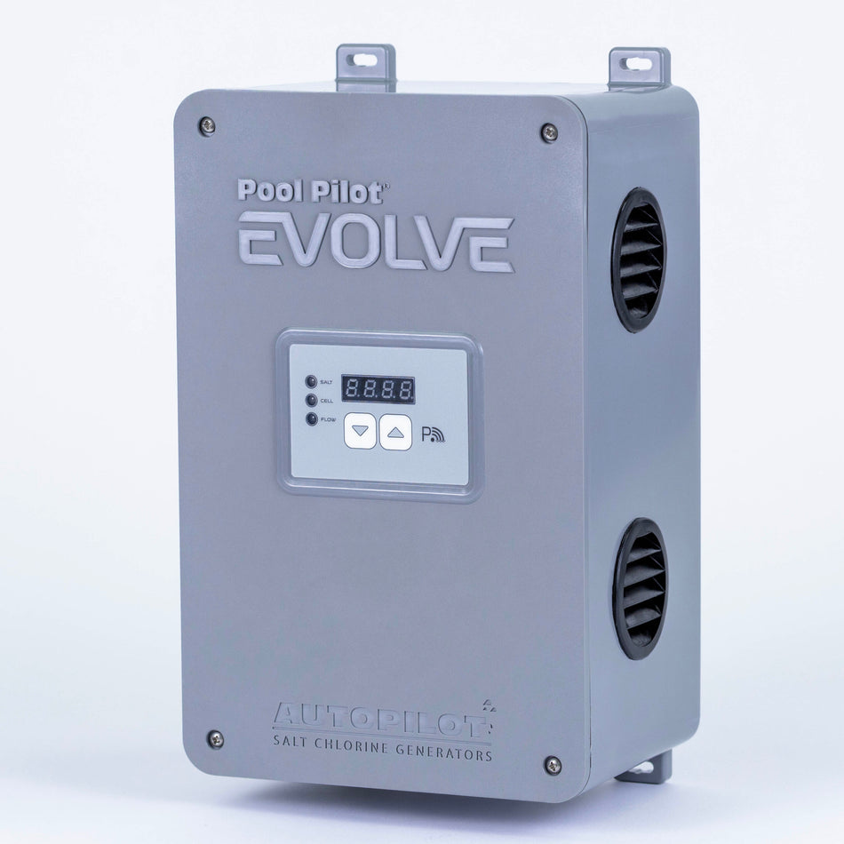 Gray 'Pool Pilot Evolve' device facing left on a light white background